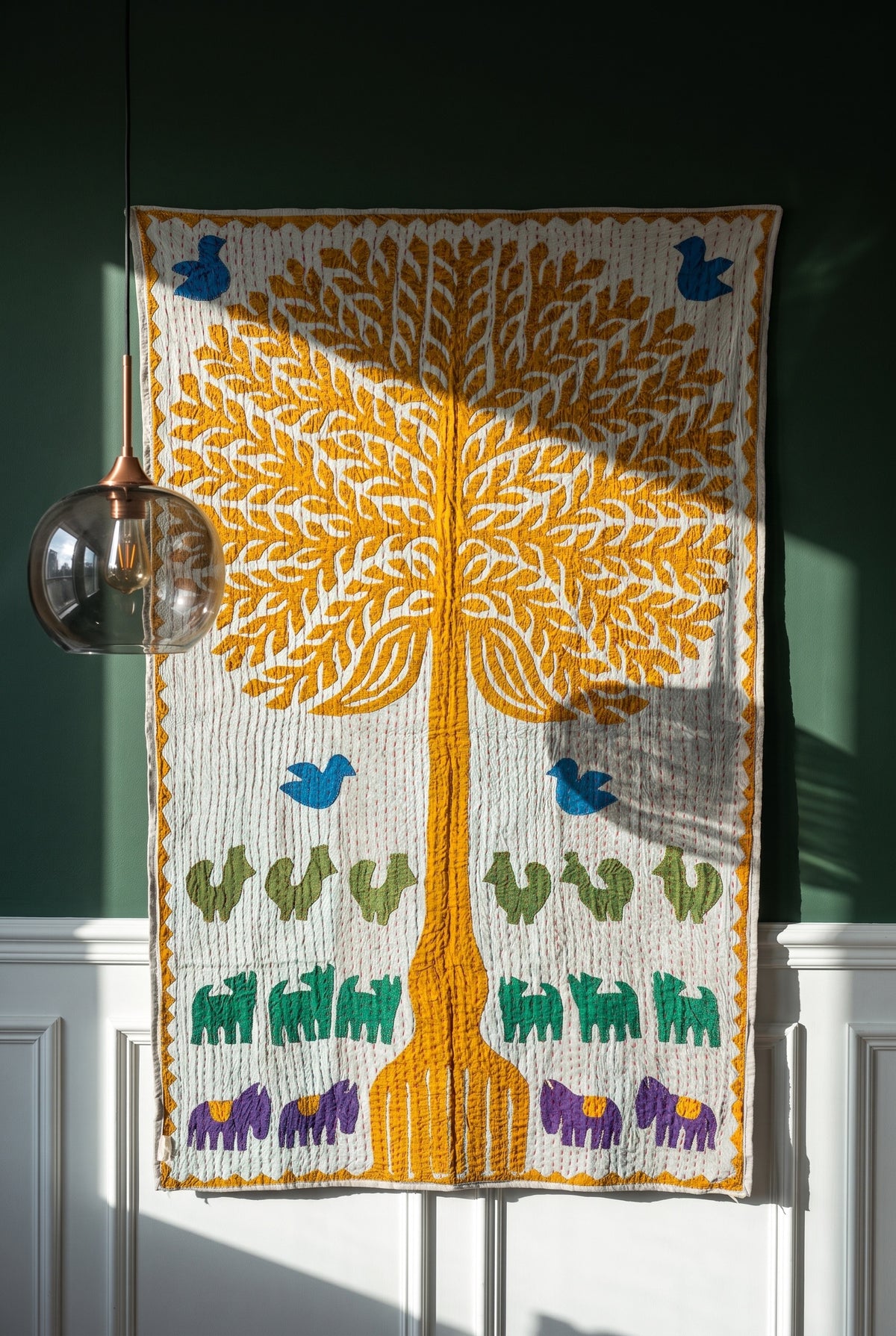 Serene Lotus Kantha Appliqué Pure Cotton Wall Hanging — interior styling photograph