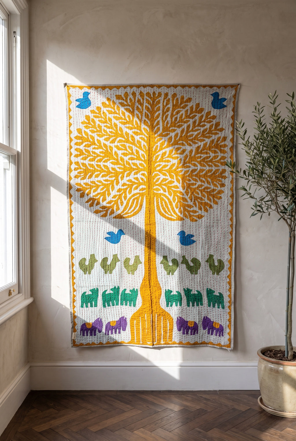 Serene Lotus Kantha Appliqué Pure Cotton Wall Hanging — wall hanging near window