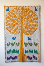 Serene Lotus Kantha Appliqué Pure Cotton Wall Hanging — full hanging in studio view