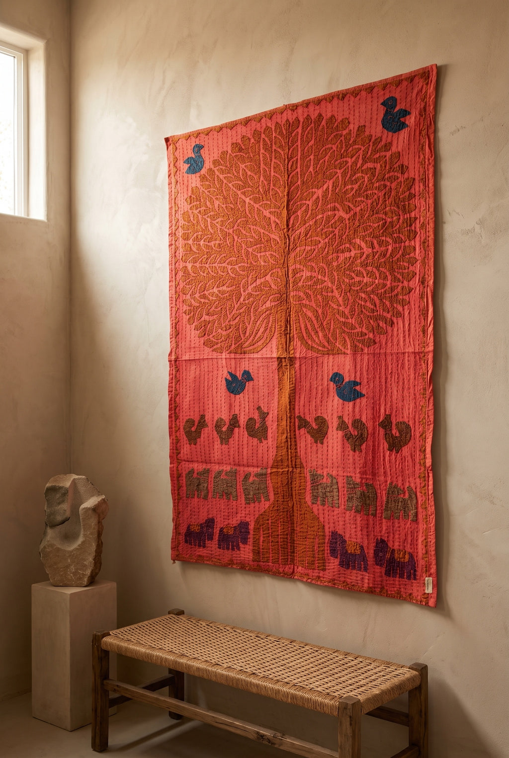 Sylvan Maple Kantha Appliqué Pure Cotton Wall Hanging — styled room arrangement