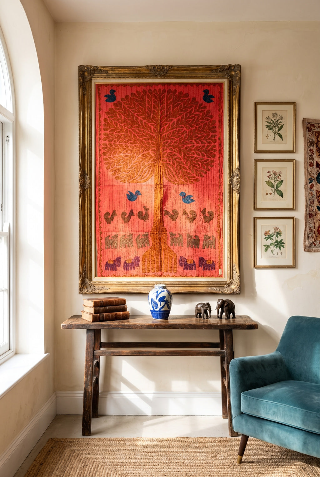 Sylvan Maple Kantha Appliqué Pure Cotton Wall Hanging — styled wall hanging in room