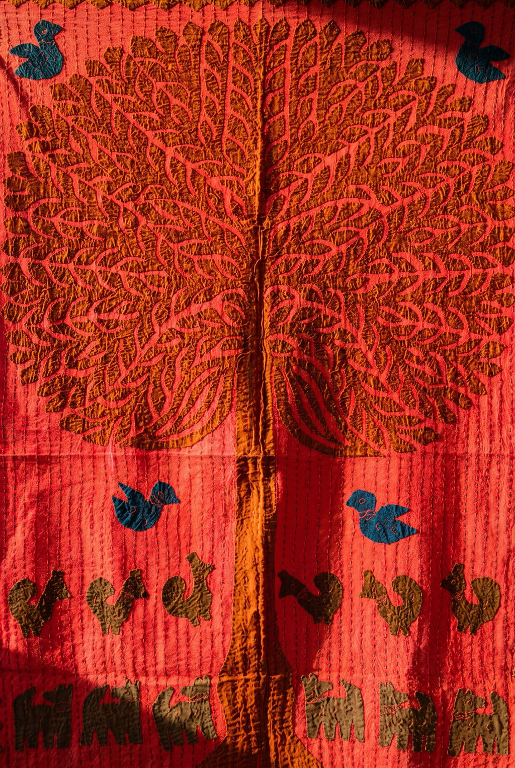 Sylvan Maple Kantha Appliqué Pure Cotton Wall Hanging — close-up of Kantha stitching and appliqué