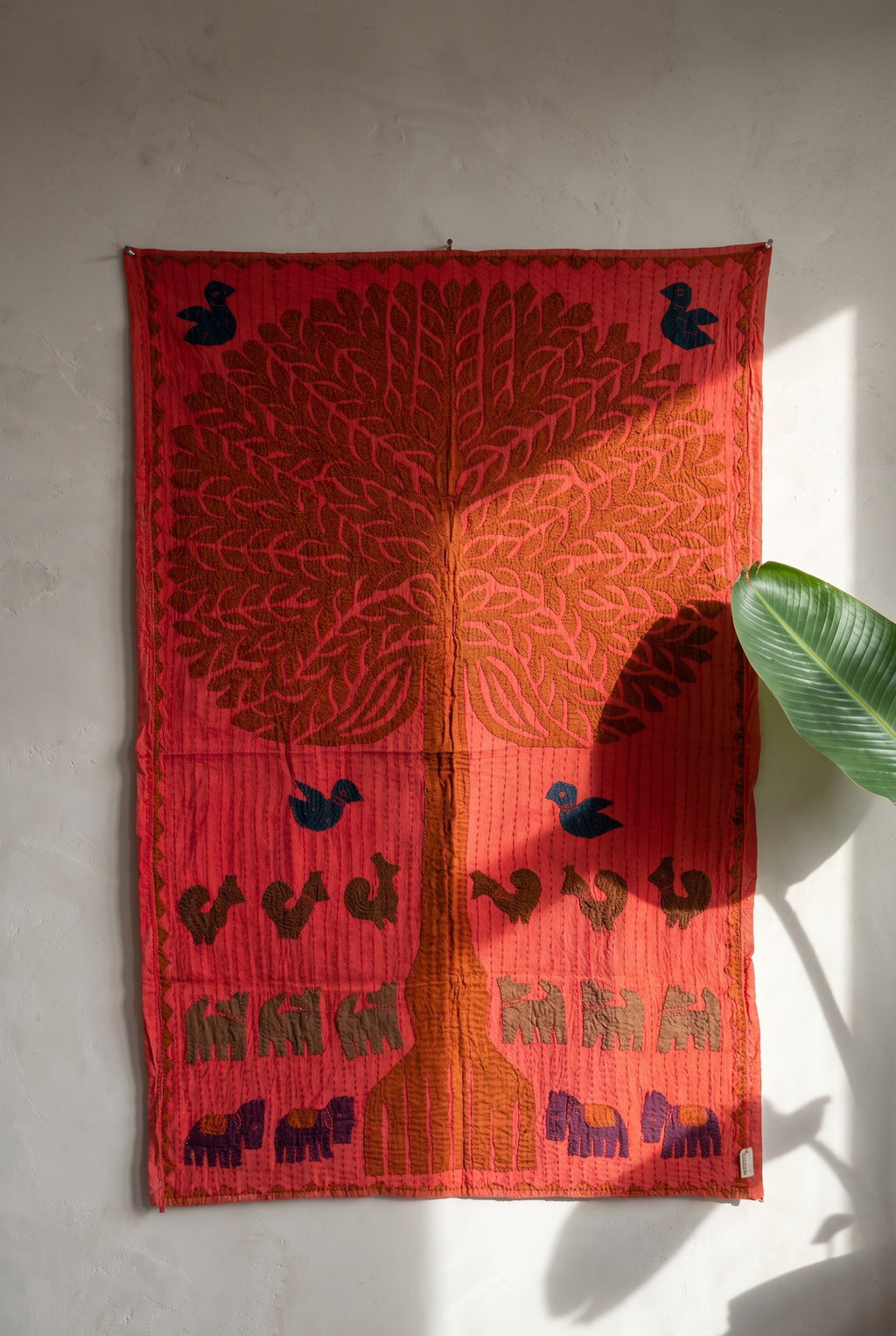 Sylvan Maple Kantha Appliqué Pure Cotton Wall Hanging — textile display on wall