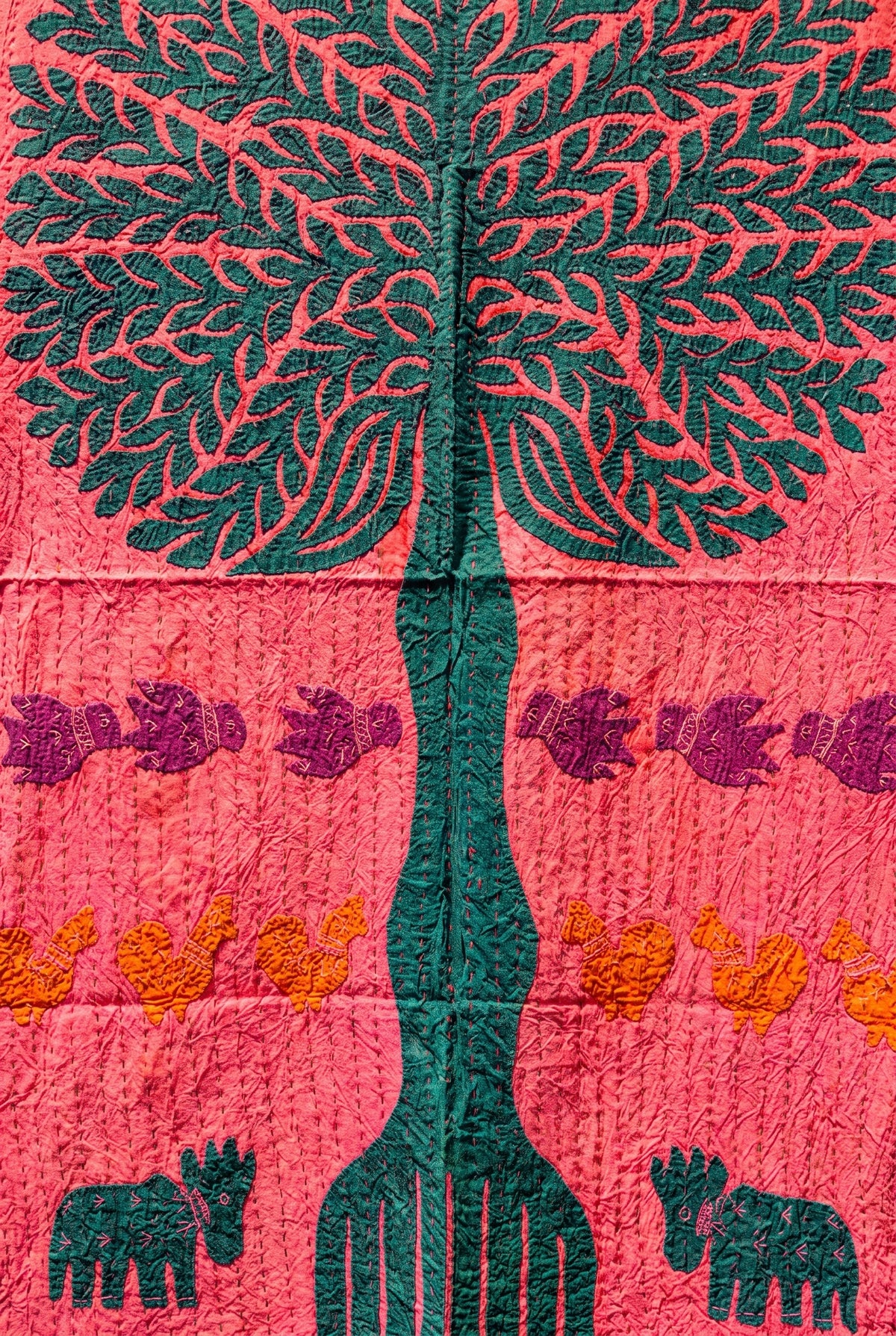 Maple Hush Kantha Appliqué Pure Cotton Wall Hanging — close-up of Kantha stitching and appliqué