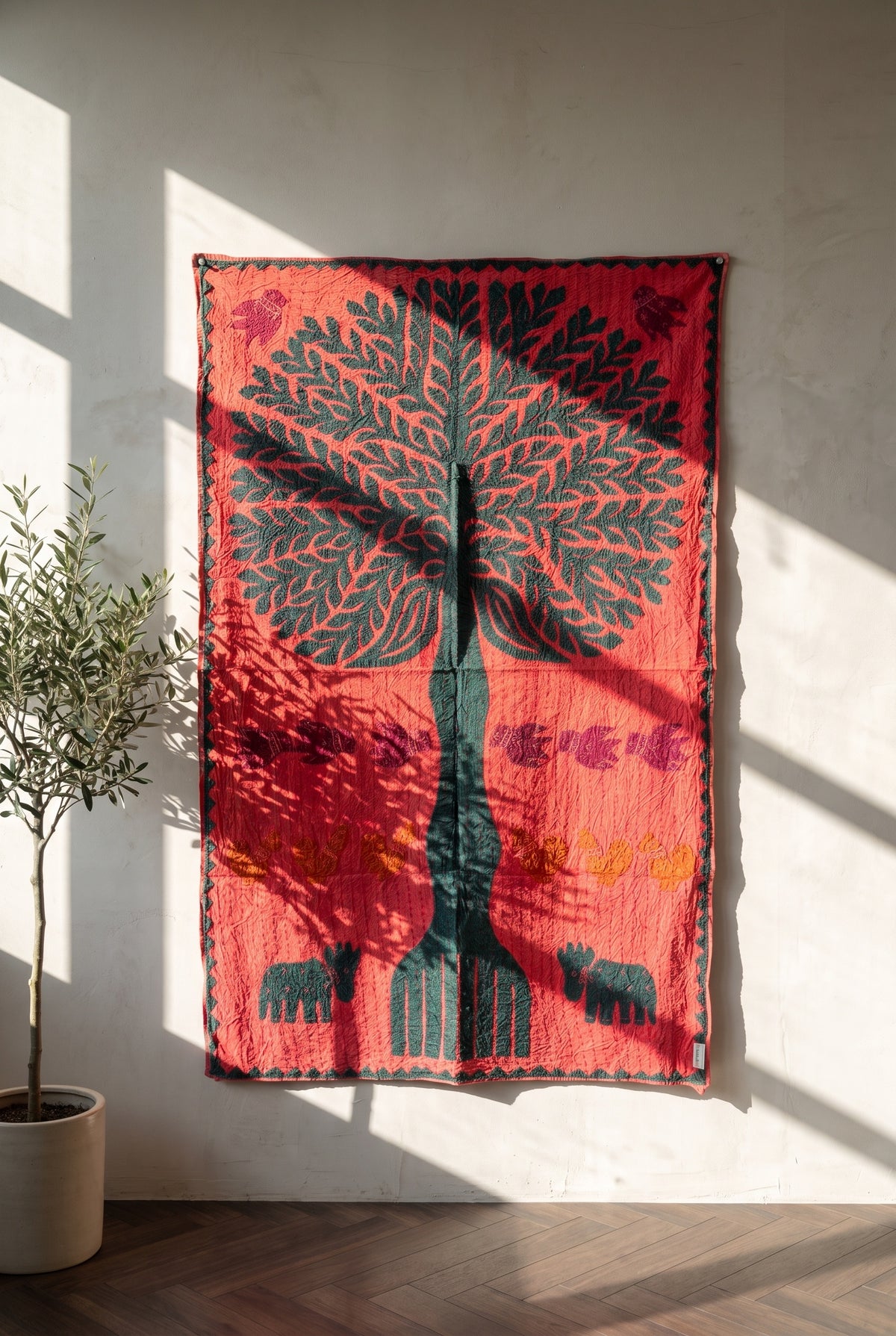 Maple Hush Kantha Appliqué Pure Cotton Wall Hanging — wall hanging near window