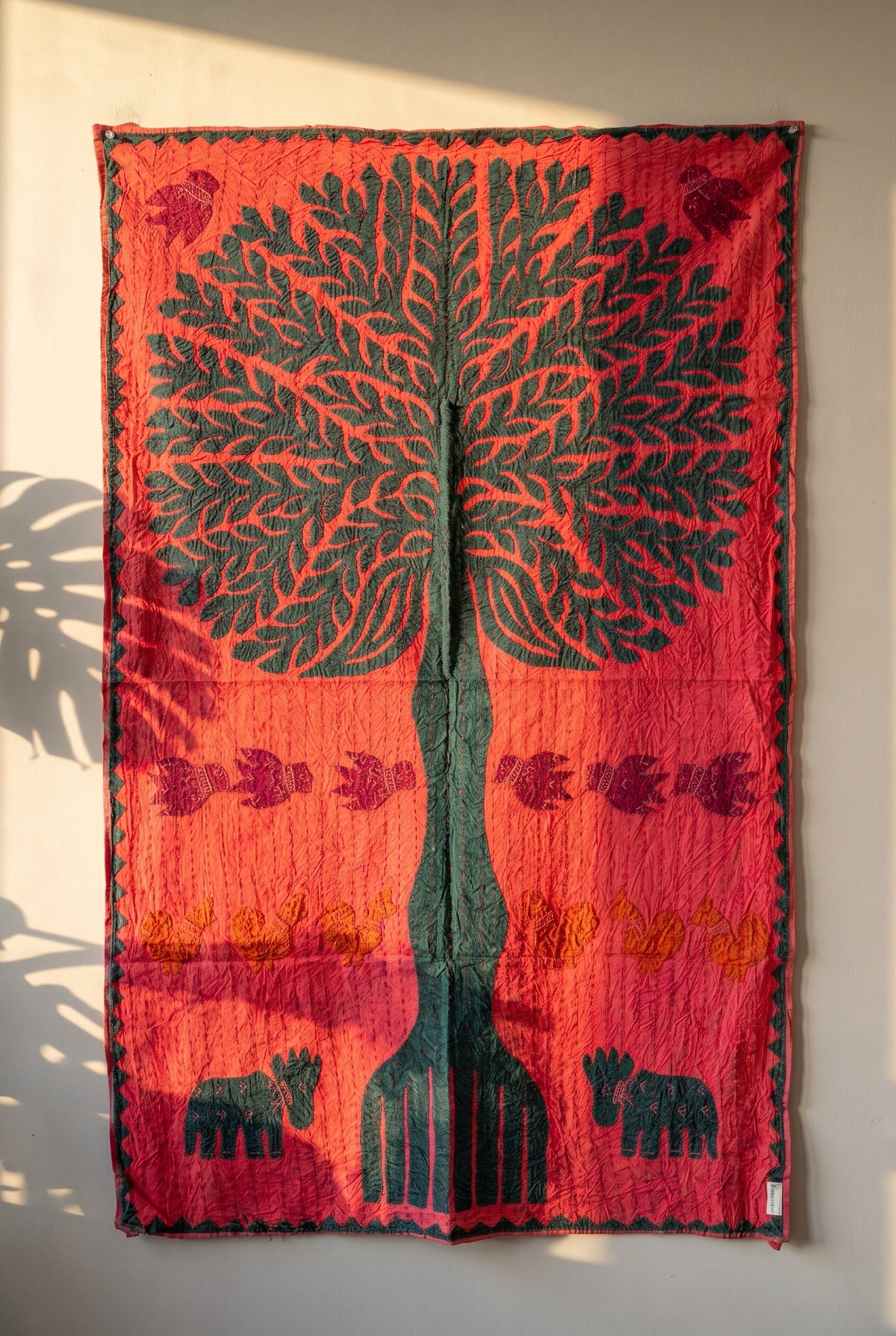 Maple Hush Kantha Appliqué Pure Cotton Wall Hanging — textile display on wall