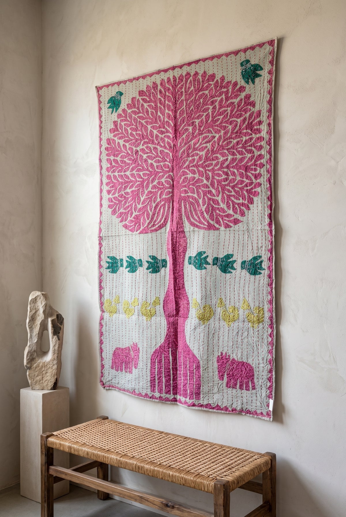 Hearth Terracotta Kantha Appliqué Pure Cotton Wall Hanging — styled room arrangement