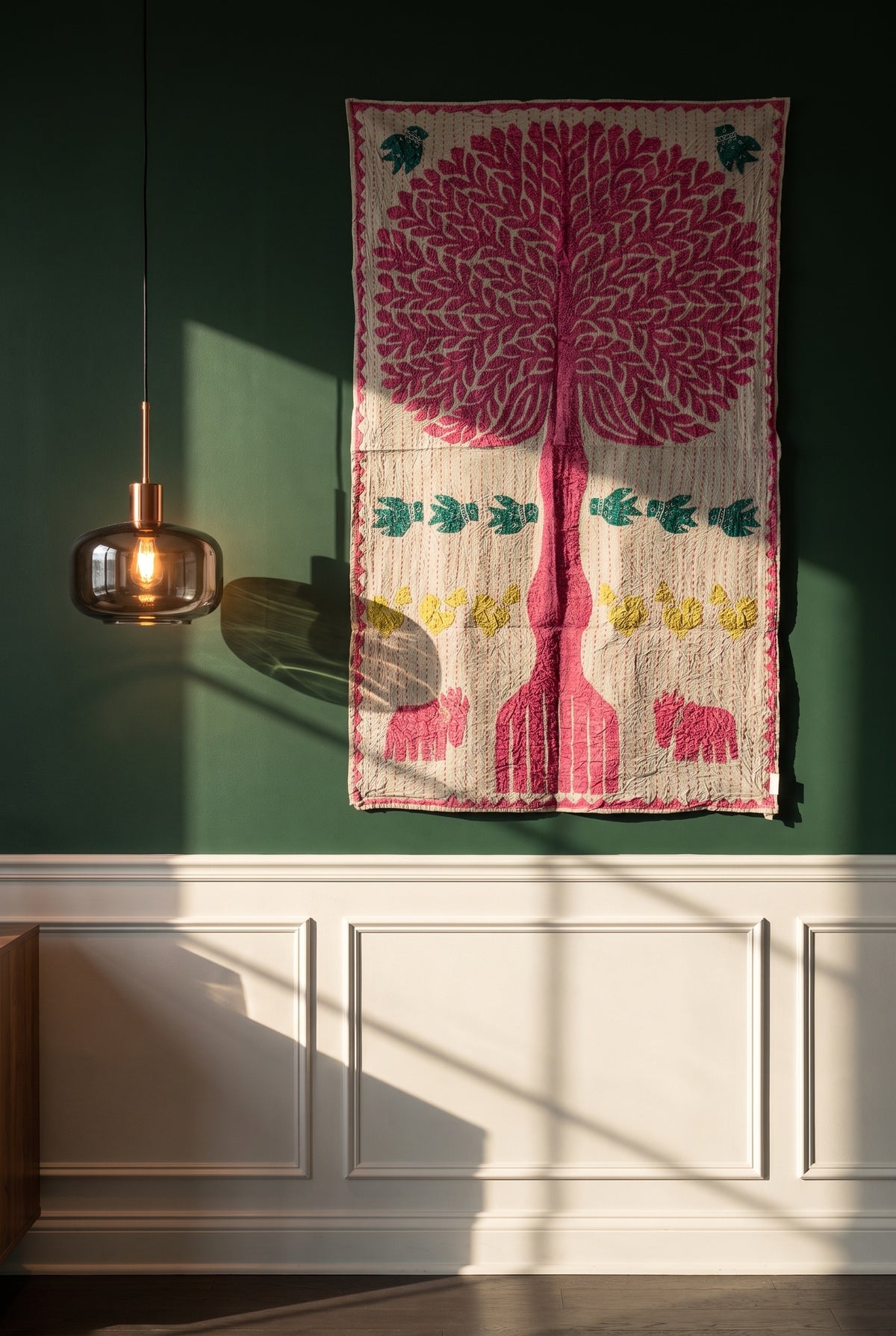 Hearth Terracotta Kantha Appliqué Pure Cotton Wall Hanging — interior styling photograph