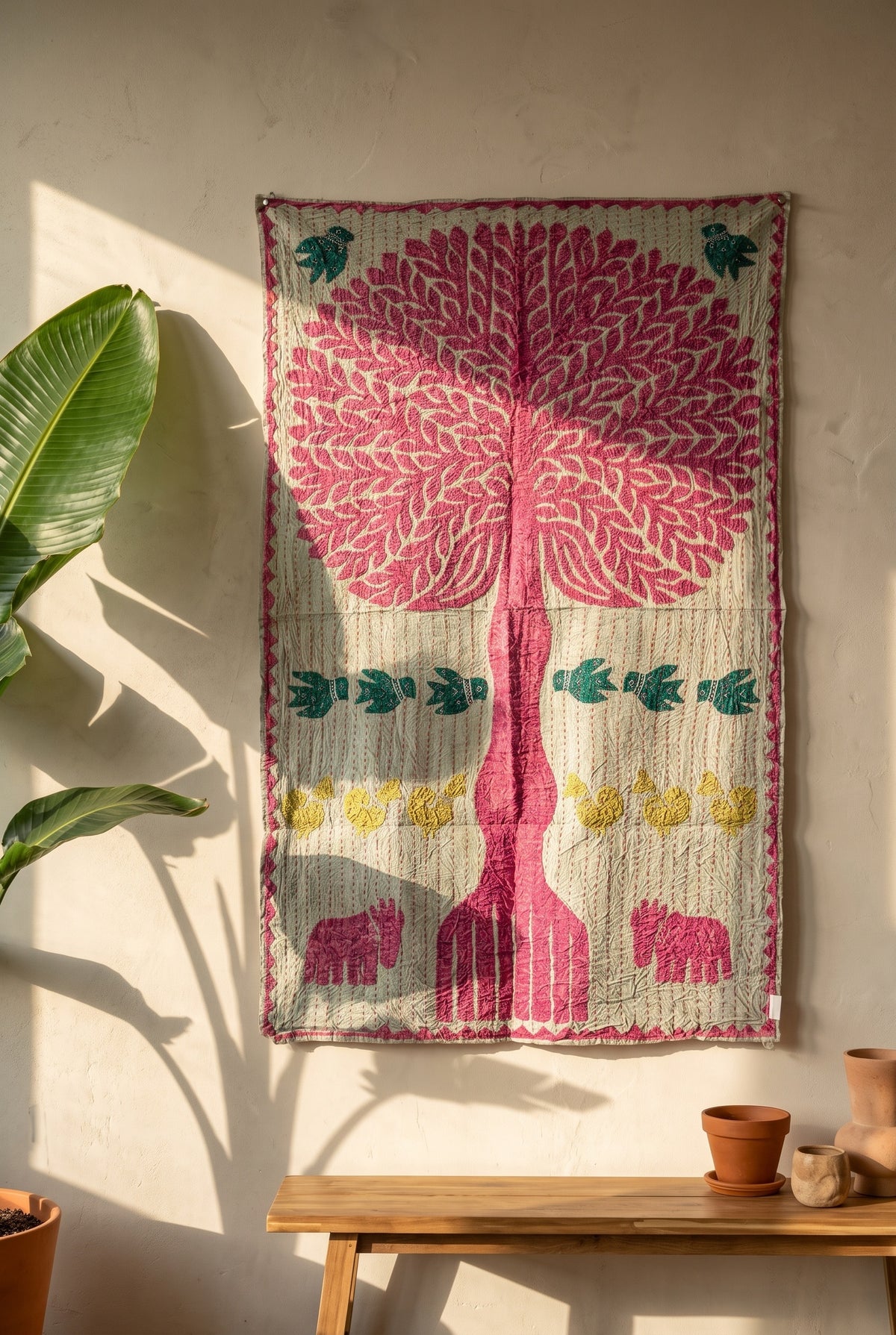 Hearth Terracotta Kantha Appliqué Pure Cotton Wall Hanging — textile display on wall