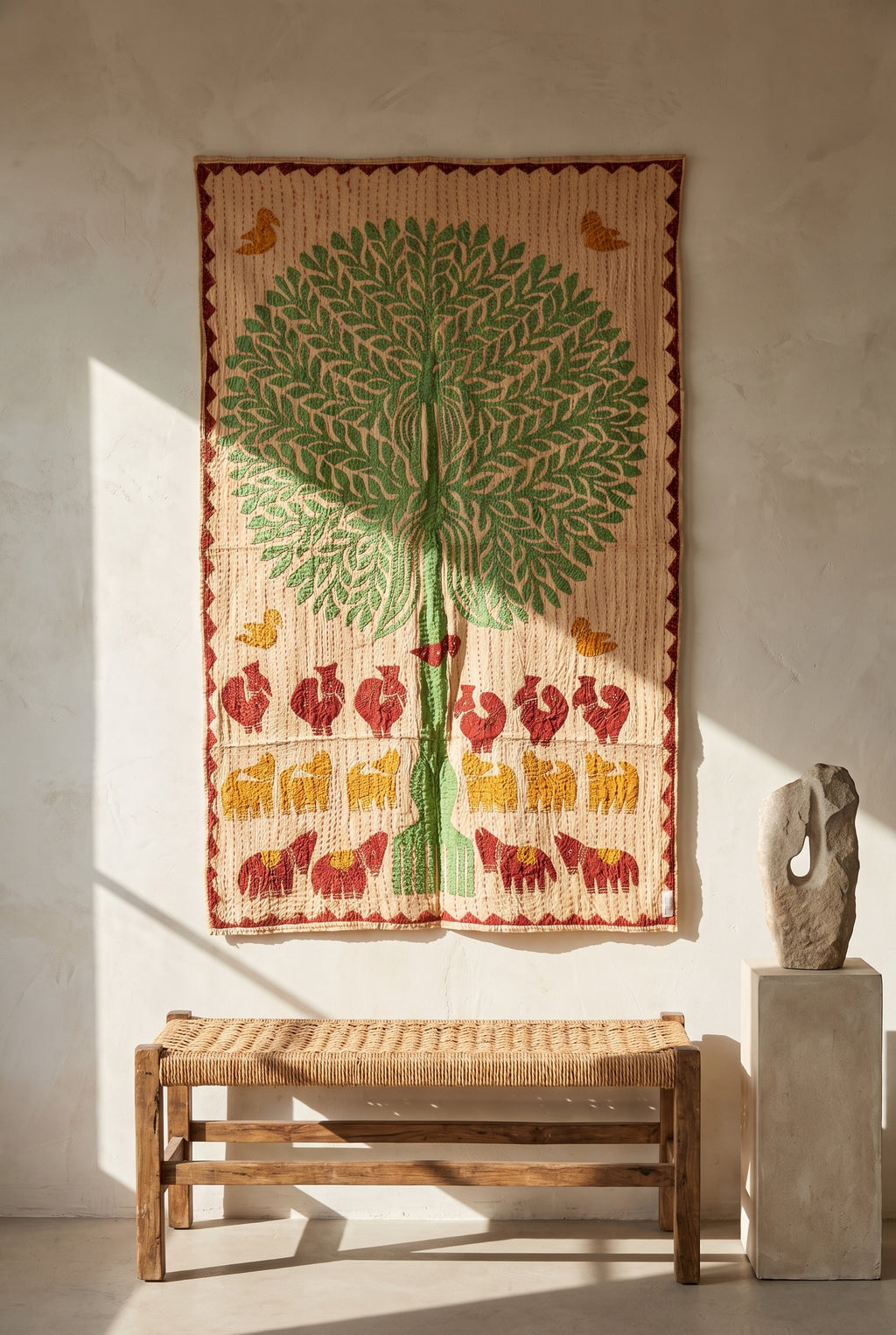 Serene Dawn Kantha Appliqué Pure Cotton Wall Hanging — styled room arrangement