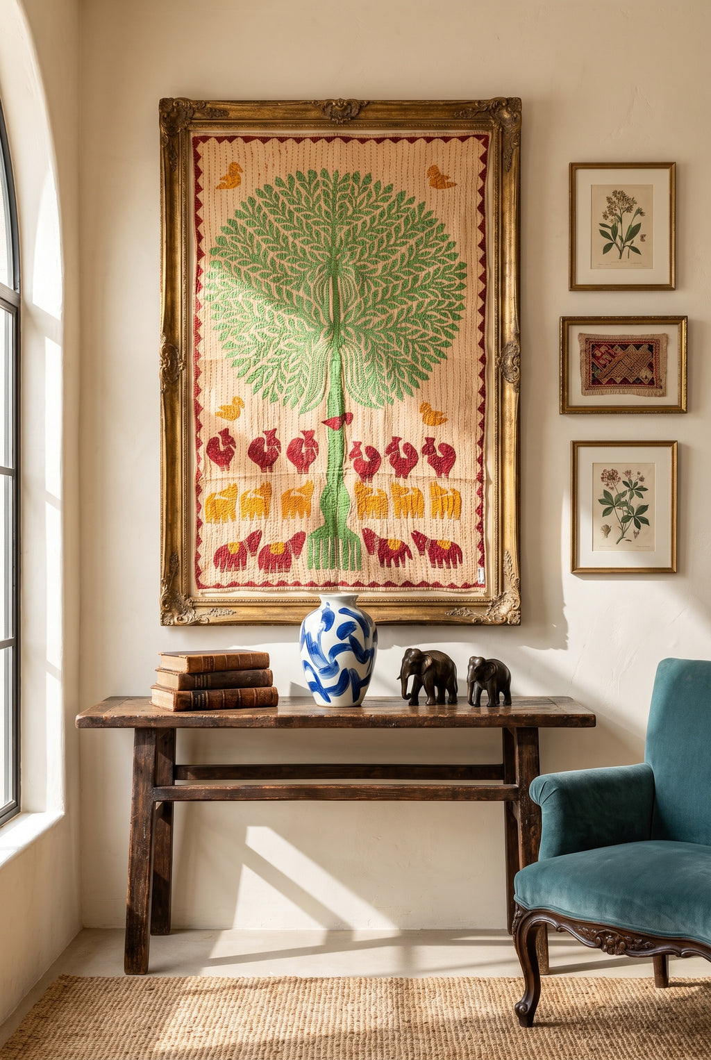 Serene Dawn Kantha Appliqué Pure Cotton Wall Hanging — styled wall hanging in room