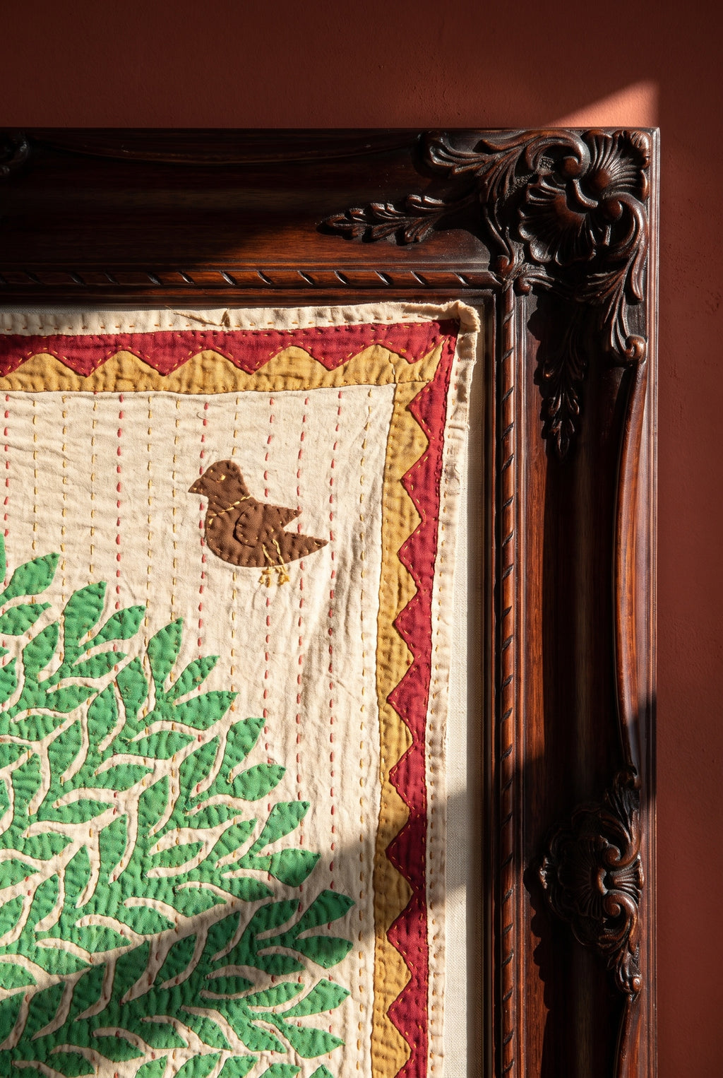 Serene Dawn Kantha Appliqué Pure Cotton Wall Hanging — wall art styling detail
