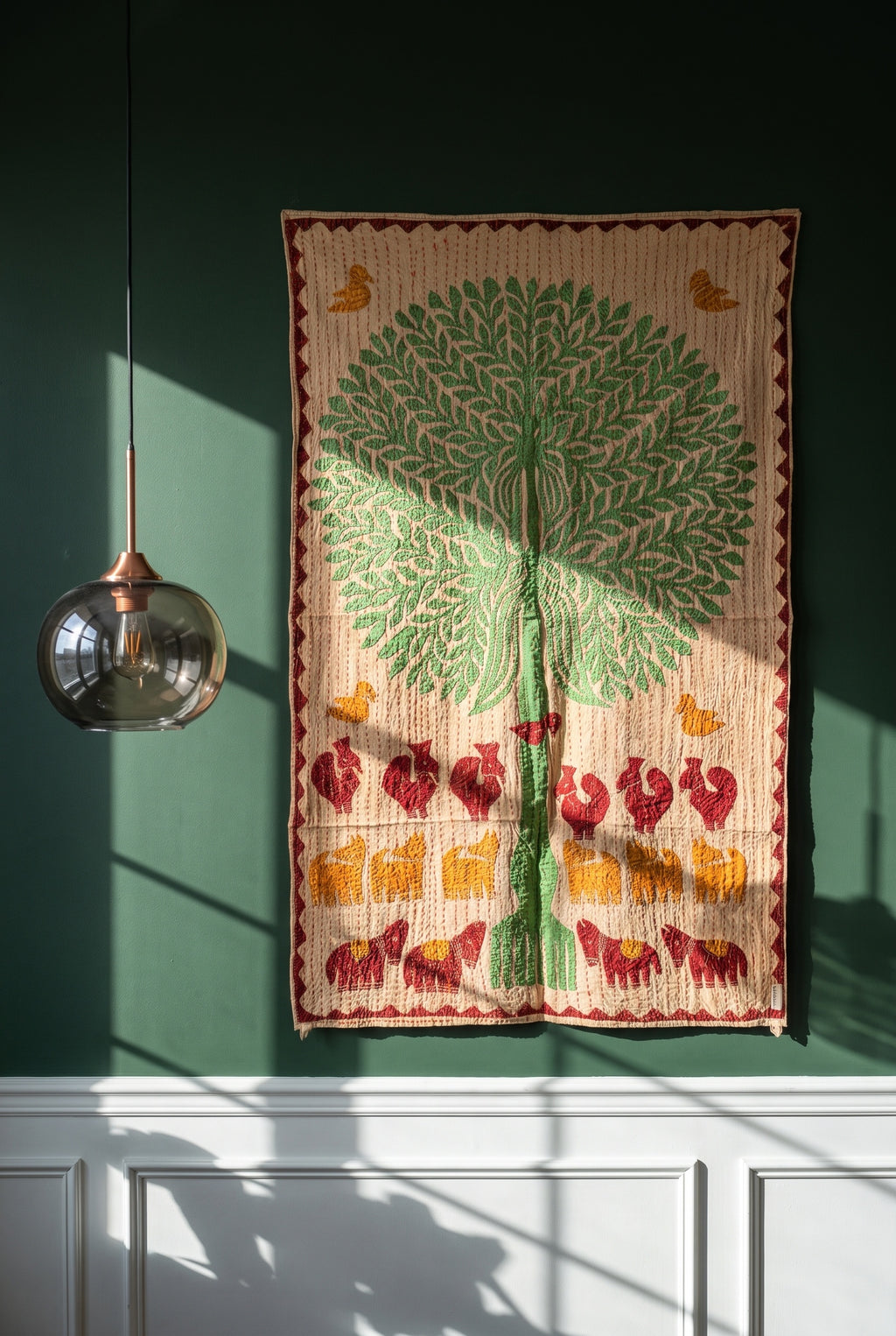 Serene Dawn Kantha Appliqué Pure Cotton Wall Hanging — interior styling photograph
