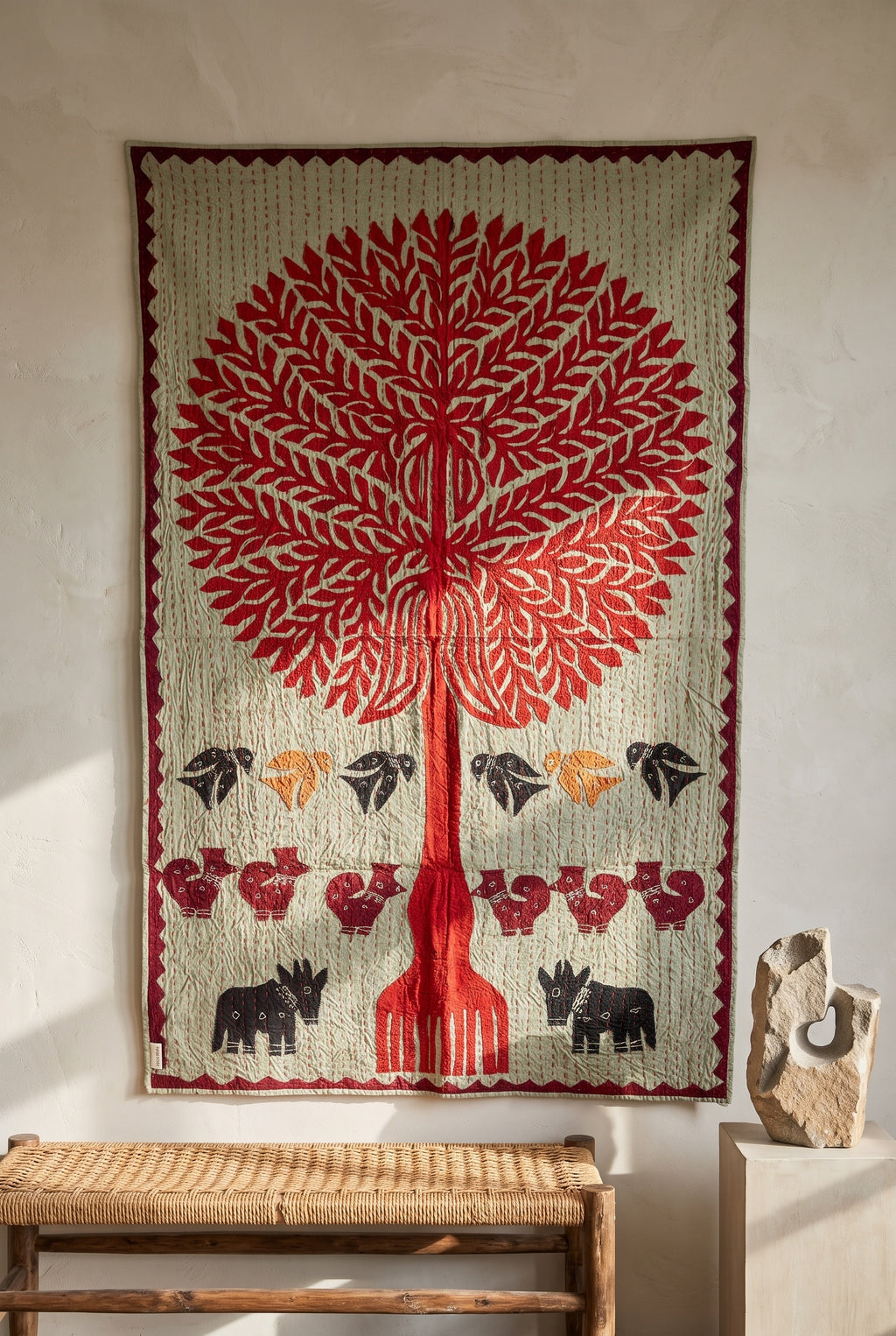 Whisper Mist Kantha Appliqué Pure Cotton Wall Hanging — styled room arrangement