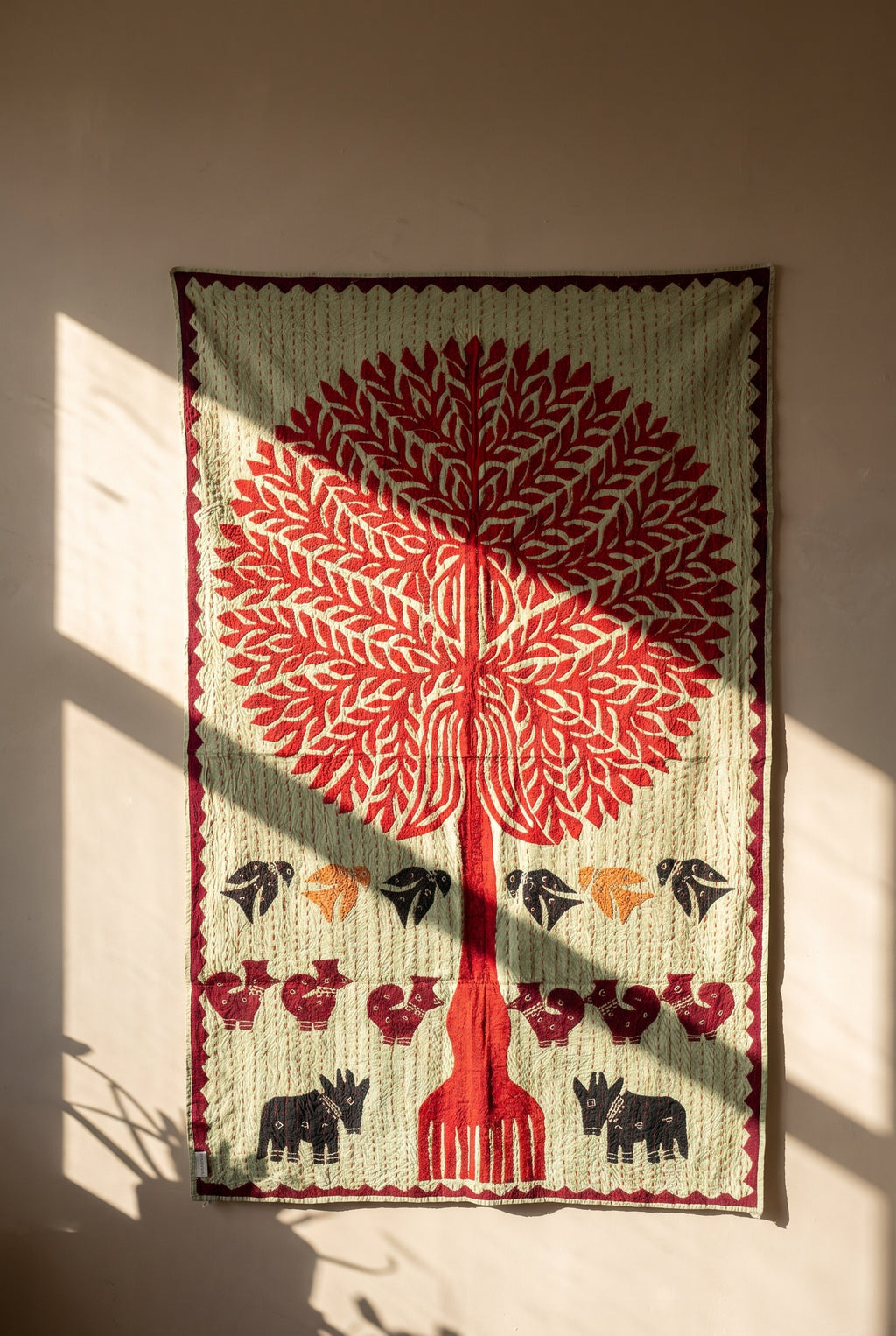 Whisper Mist Kantha Appliqué Pure Cotton Wall Hanging — decorative wall layout