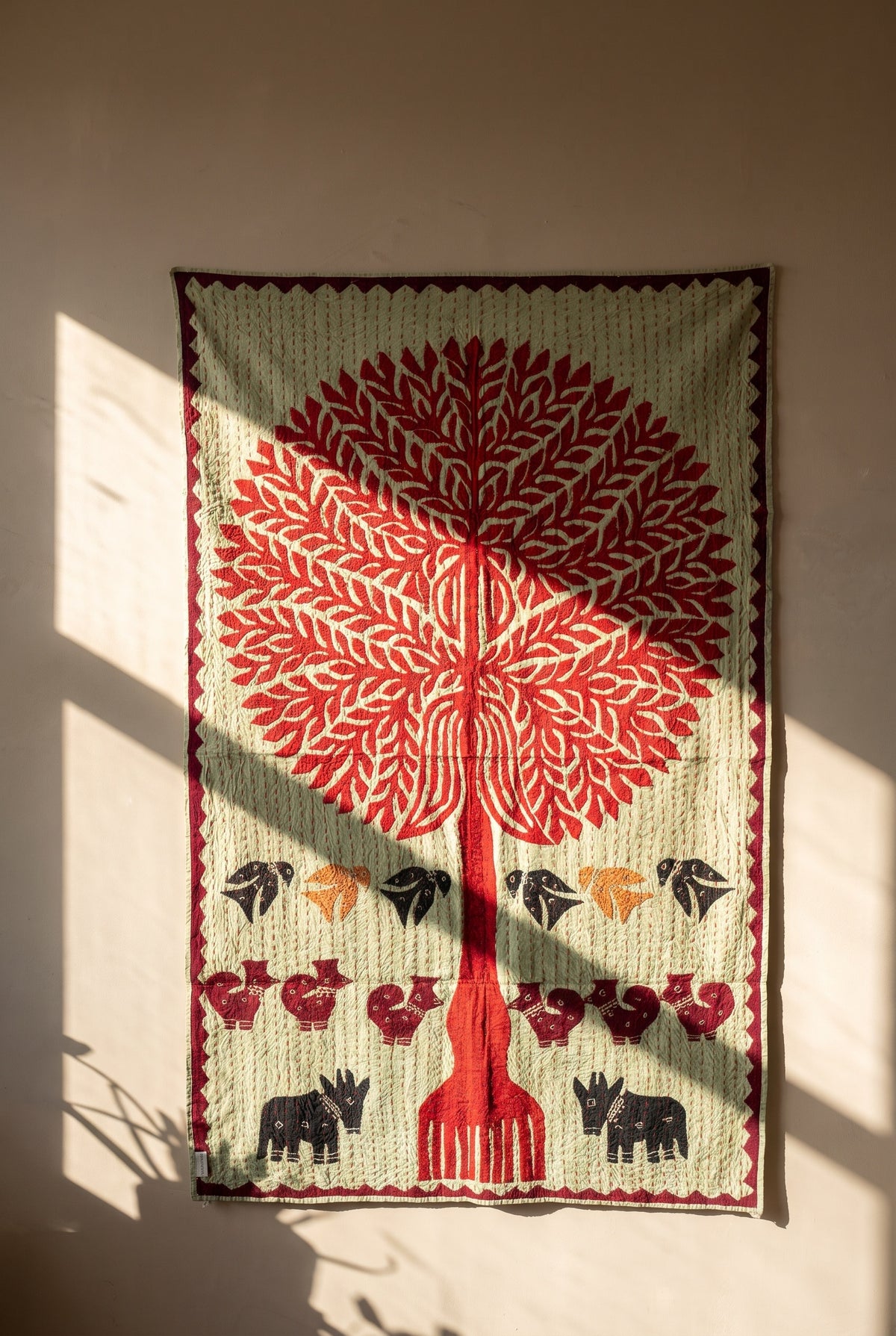 Whisper Mist Kantha Appliqué Pure Cotton Wall Hanging — decorative wall layout