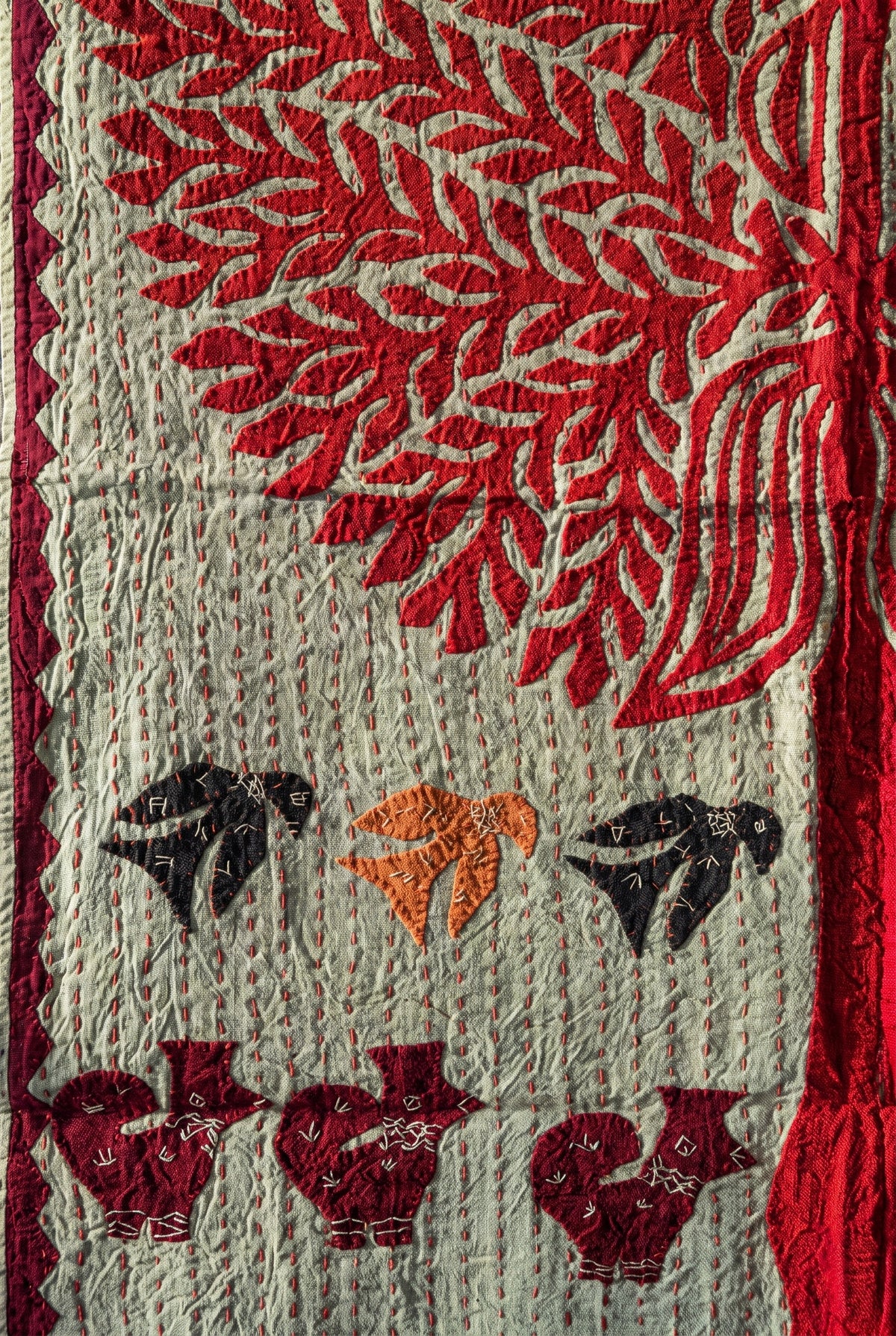 Whisper Mist Kantha Appliqué Pure Cotton Wall Hanging — close-up of Kantha stitching and appliqué