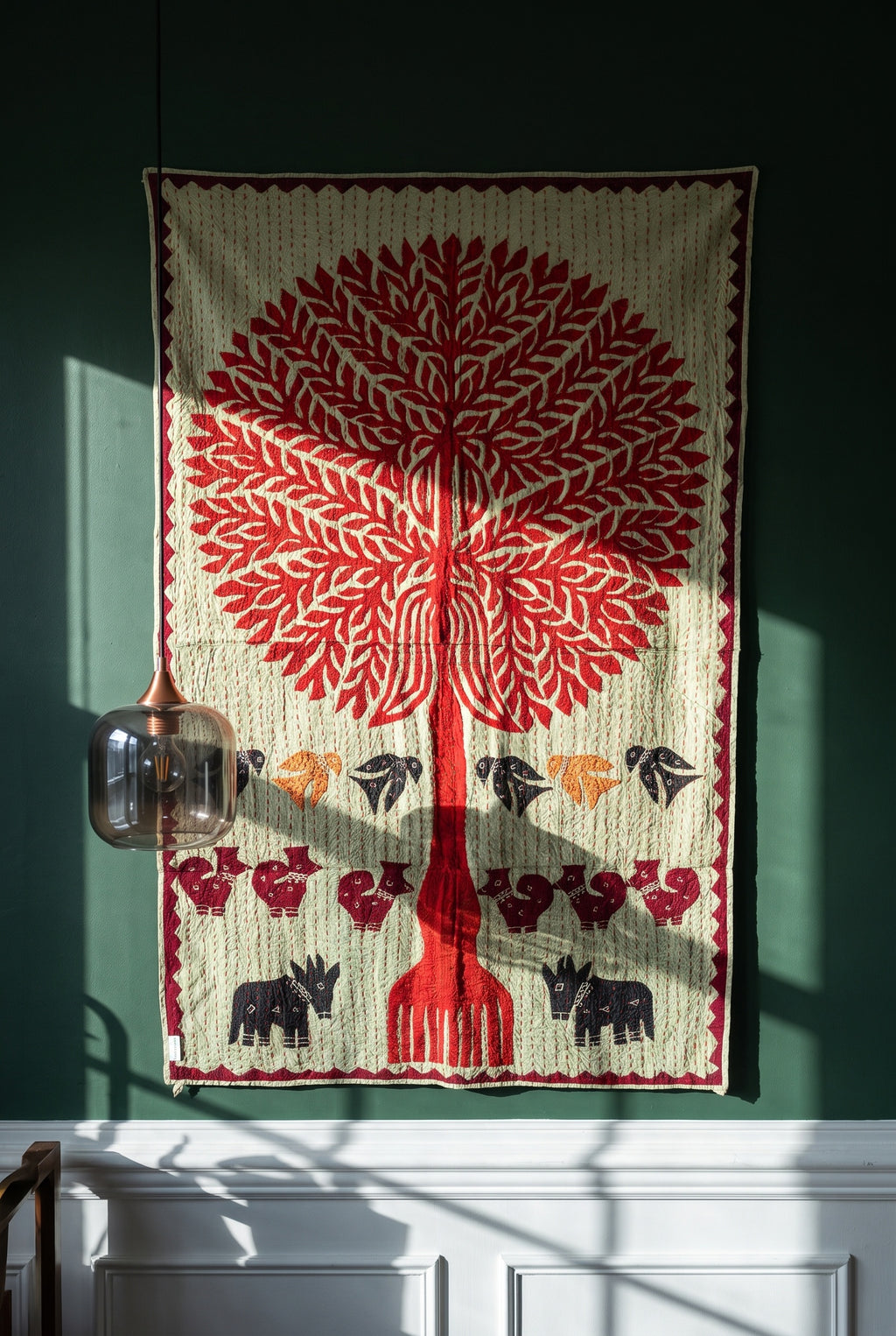 Whisper Mist Kantha Appliqué Pure Cotton Wall Hanging — interior styling photograph