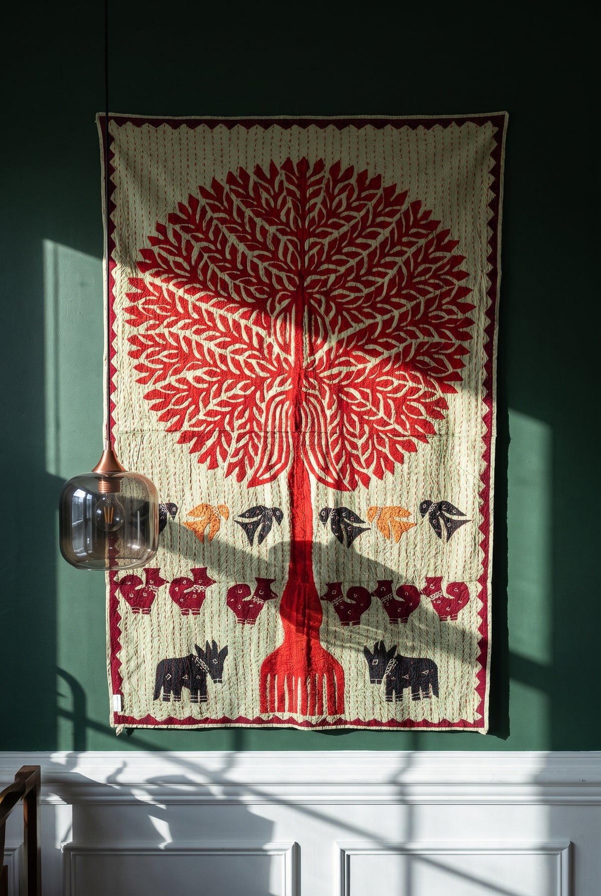 Whisper Mist Kantha Appliqué Pure Cotton Wall Hanging — interior styling photograph