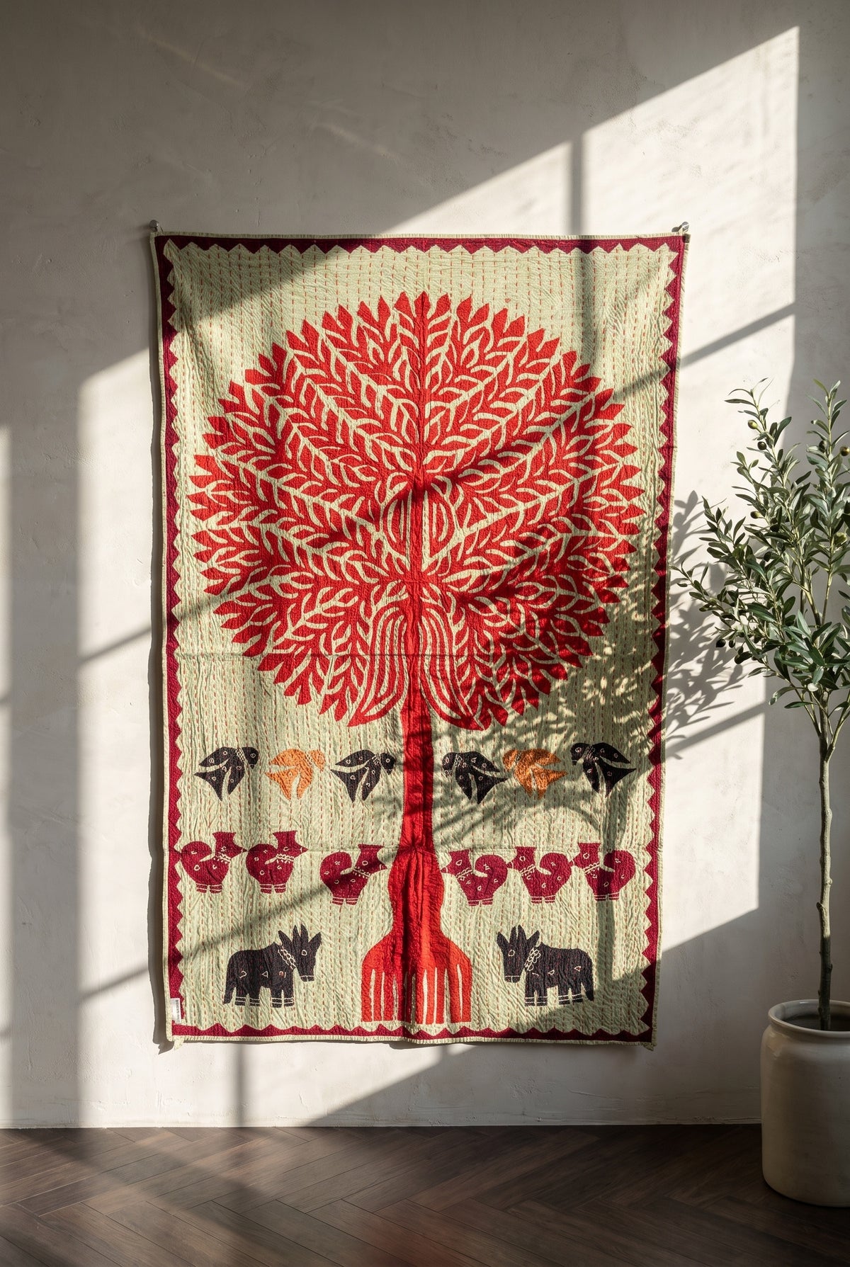 Whisper Mist Kantha Appliqué Pure Cotton Wall Hanging — wall hanging near window