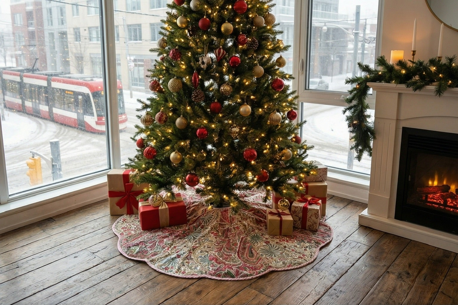 Decorative tree skirt with Christmas tree and presents in a living room setting.