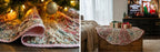 Decorative tree skirt with Christmas tree and presents in a living room setting.