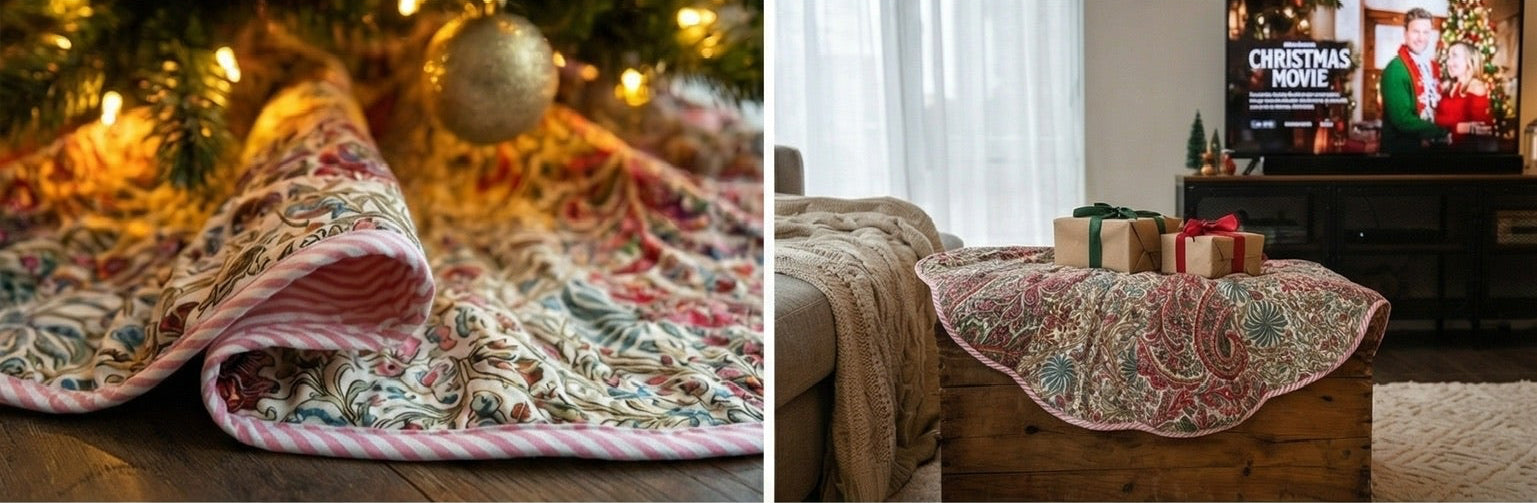 Decorative tree skirt with Christmas tree and presents in a living room setting.