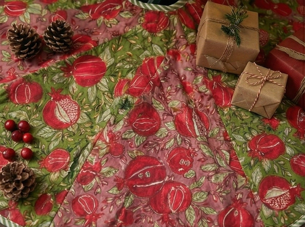 Collage of Christmas tree skirts with decorative patterns and settings.