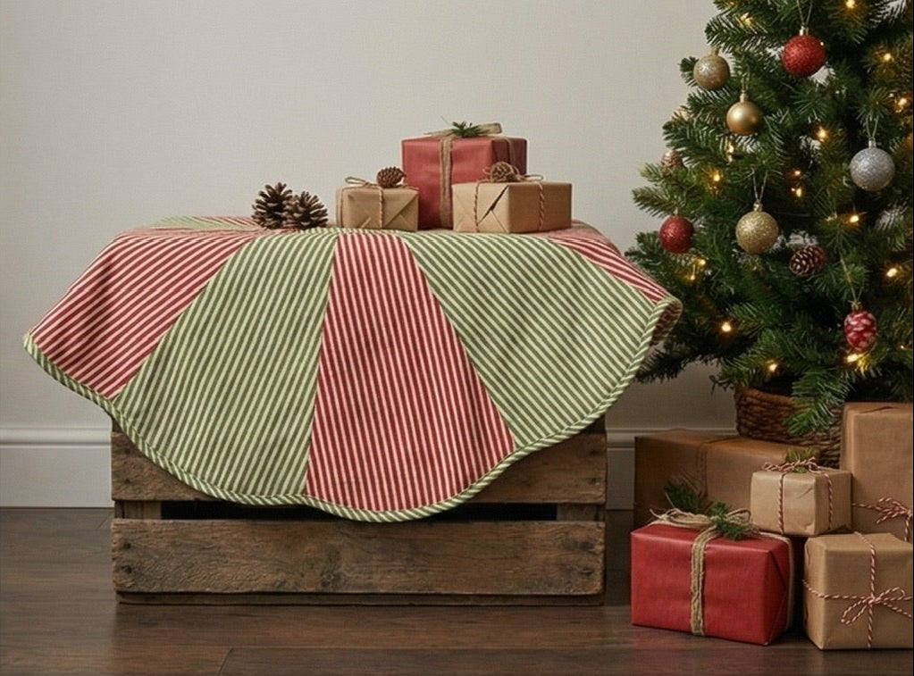 Collage of Christmas tree skirts with decorative patterns and settings.