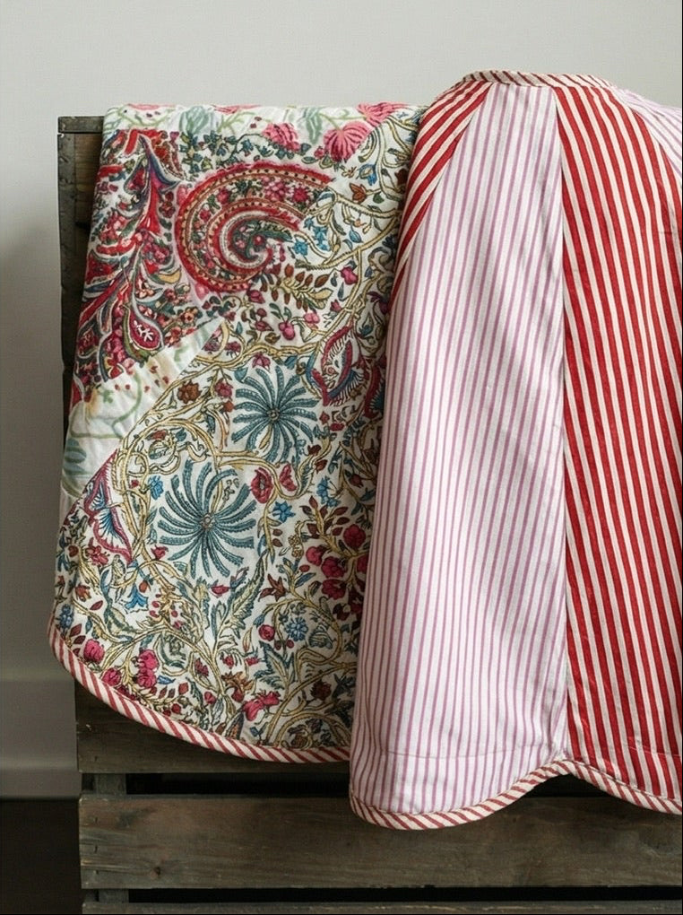 Collage of Christmas tree skirts with different patterns and uses.