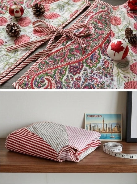 Collage of Christmas tree with decorative skirts and presents in various settings.