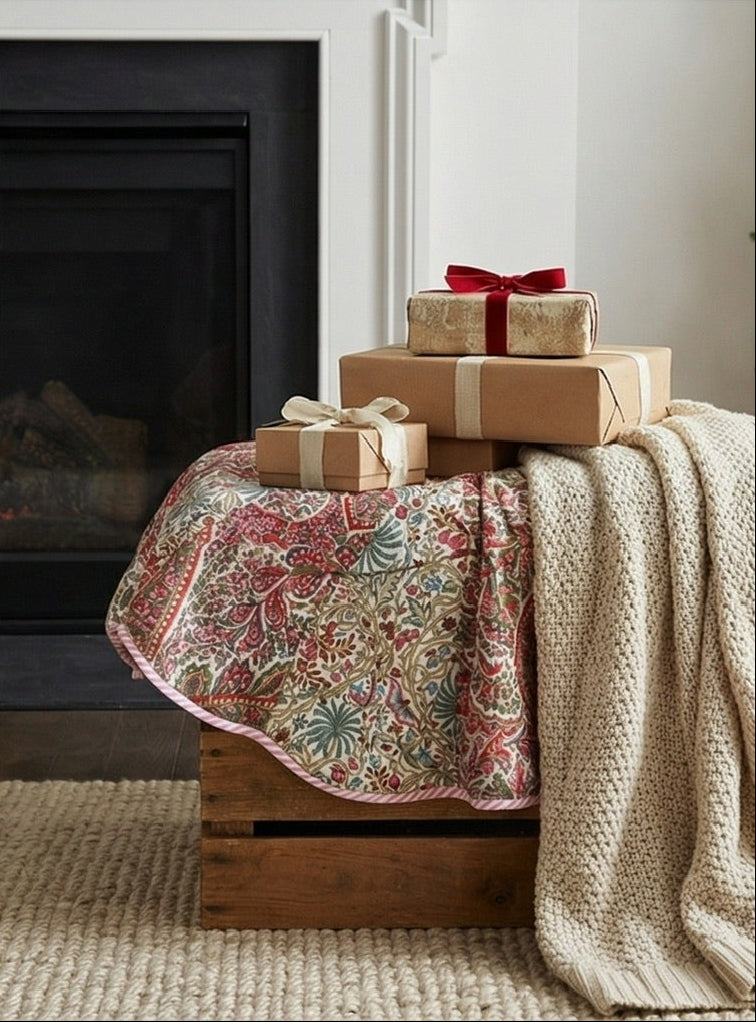 Patterned Christmas tree skirt and tablecloth with festive decorations.