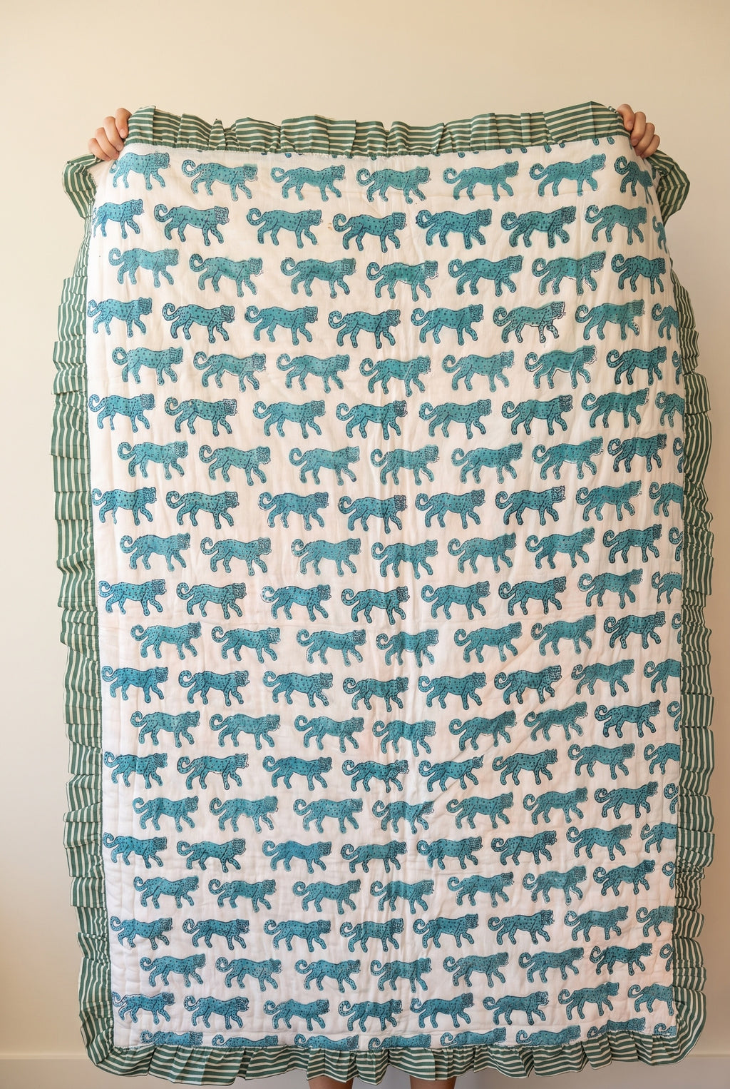 Elephant Meadow reversible cotton baby blanket, side one, catalog hold