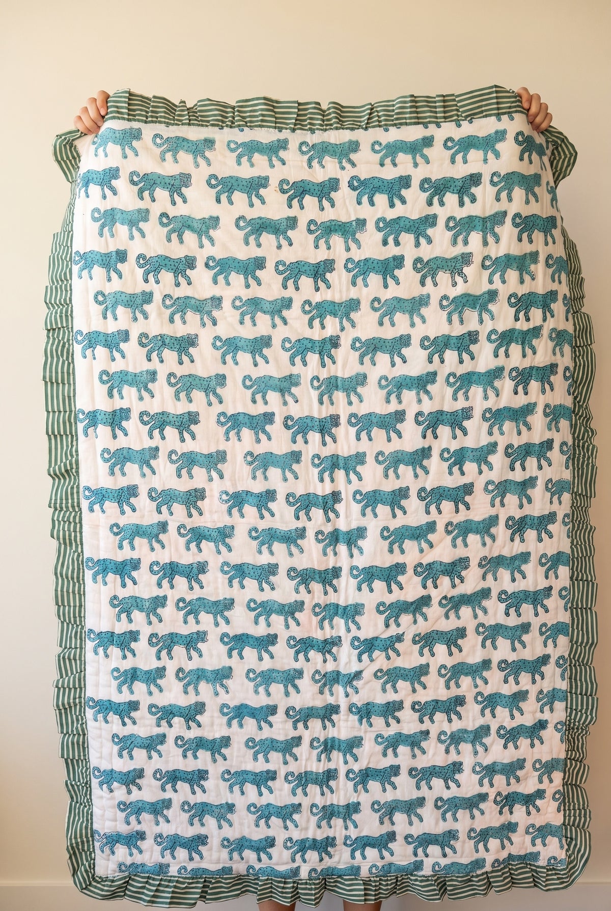 Elephant Meadow reversible cotton baby blanket, side one, catalog hold