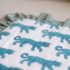 Elephant Meadow reversible cotton baby blanket, side one, macro