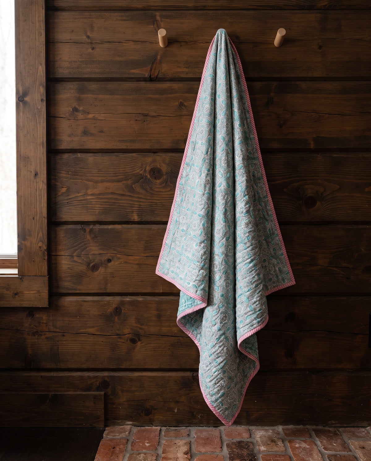 Flamingo Daydreams reversible cotton baby blanket, side two, rustic pegs