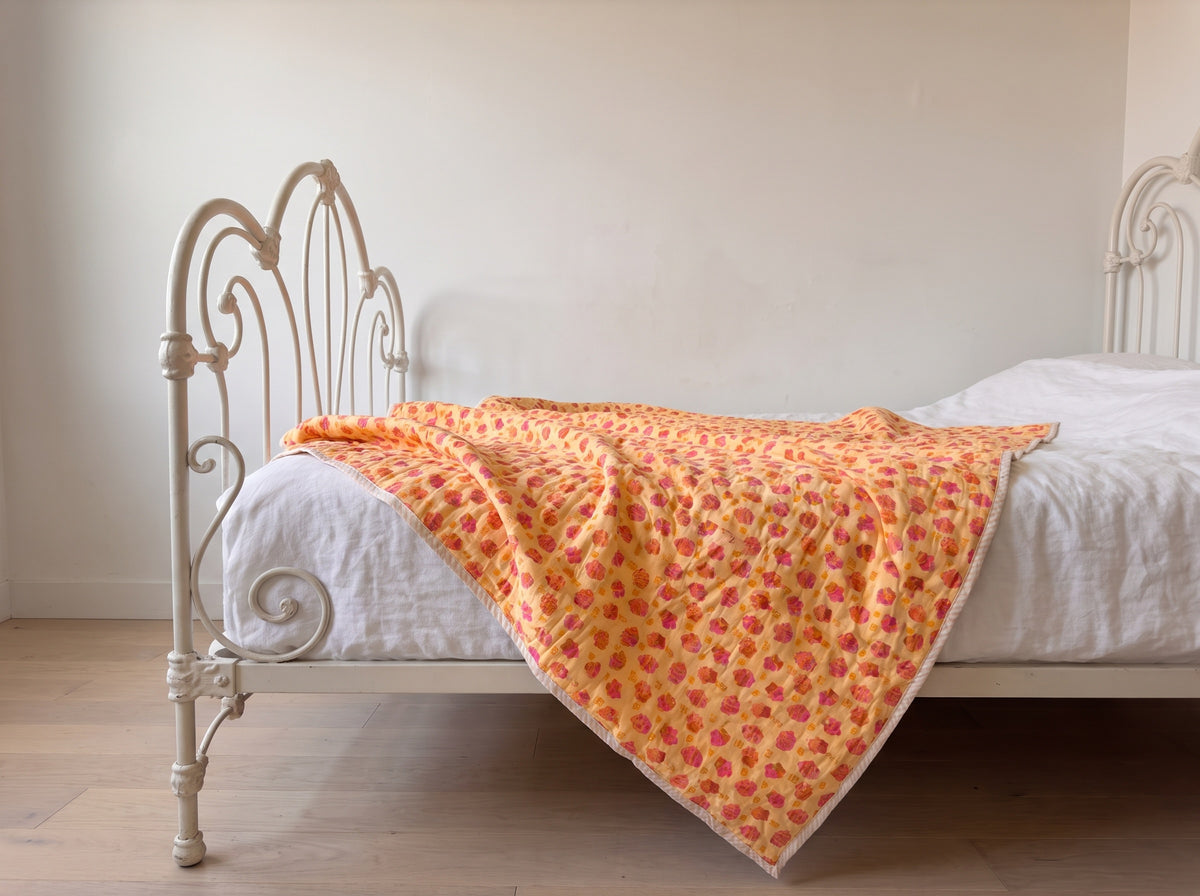 Storybook Friends reversible cotton baby blanket, side one, iron bed