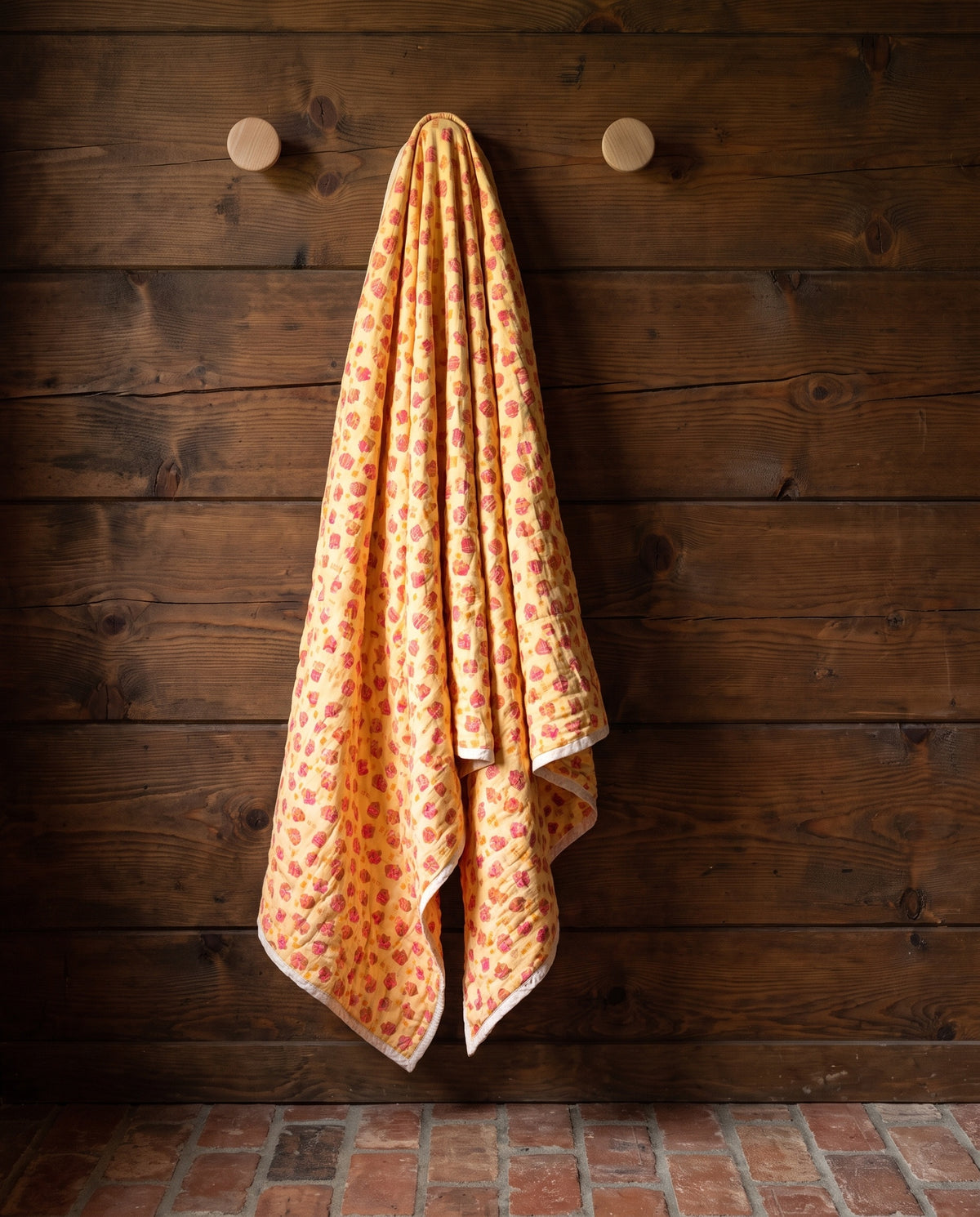 Storybook Friends reversible cotton baby blanket, side one, rustic pegs