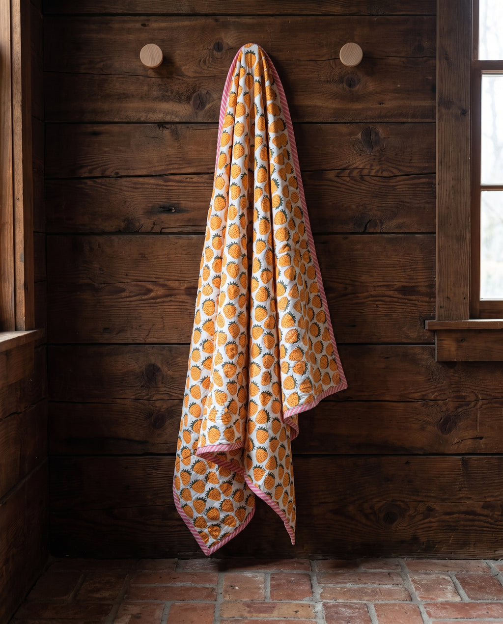 Berry Picnic reversible cotton baby blanket, side two, rustic pegs