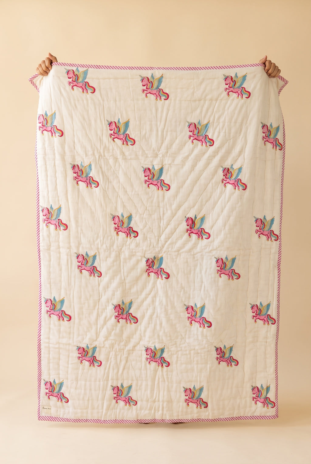 Unicorn Wishes reversible cotton baby blanket, side one, catalog hold