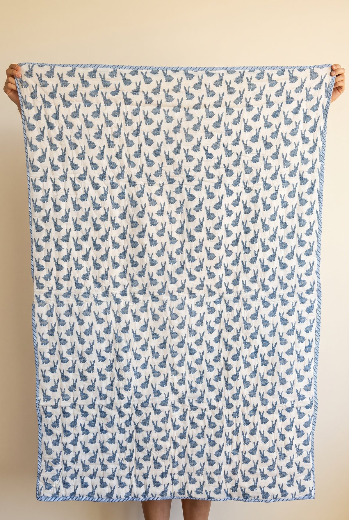 Bunny Trails reversible cotton baby blanket, side one, catalog hold