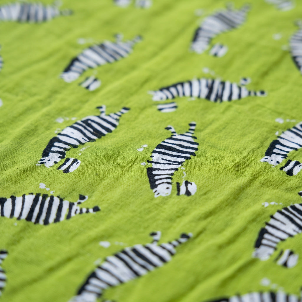Zebra Wanderings reversible cotton baby blanket, side one, macro
