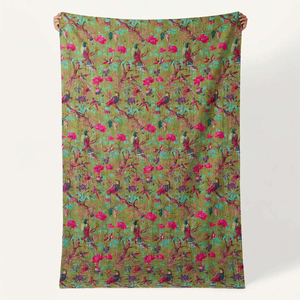 Lush Fern Cotton Reversible Kantha Throw