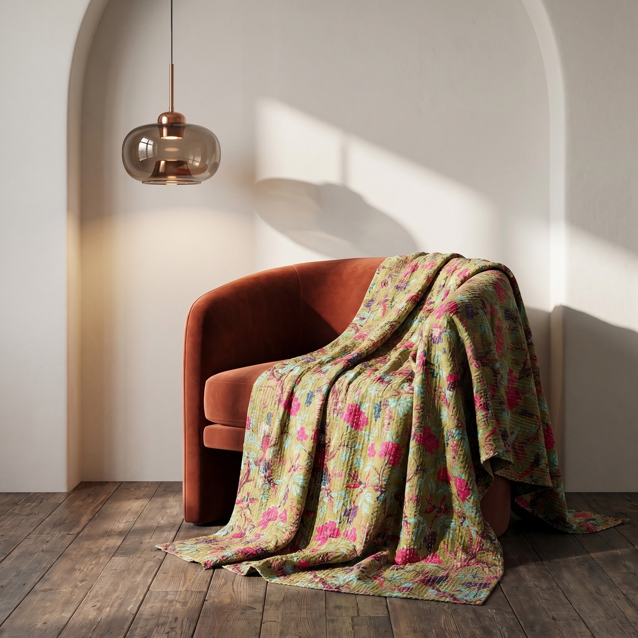 Lush Fern Cotton Reversible Kantha Throw