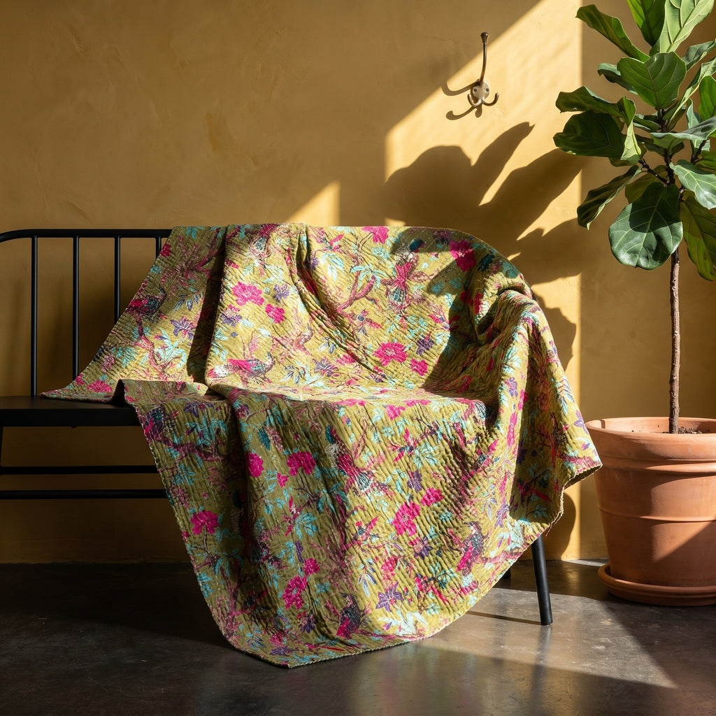 Lush Fern Cotton Reversible Kantha Throw