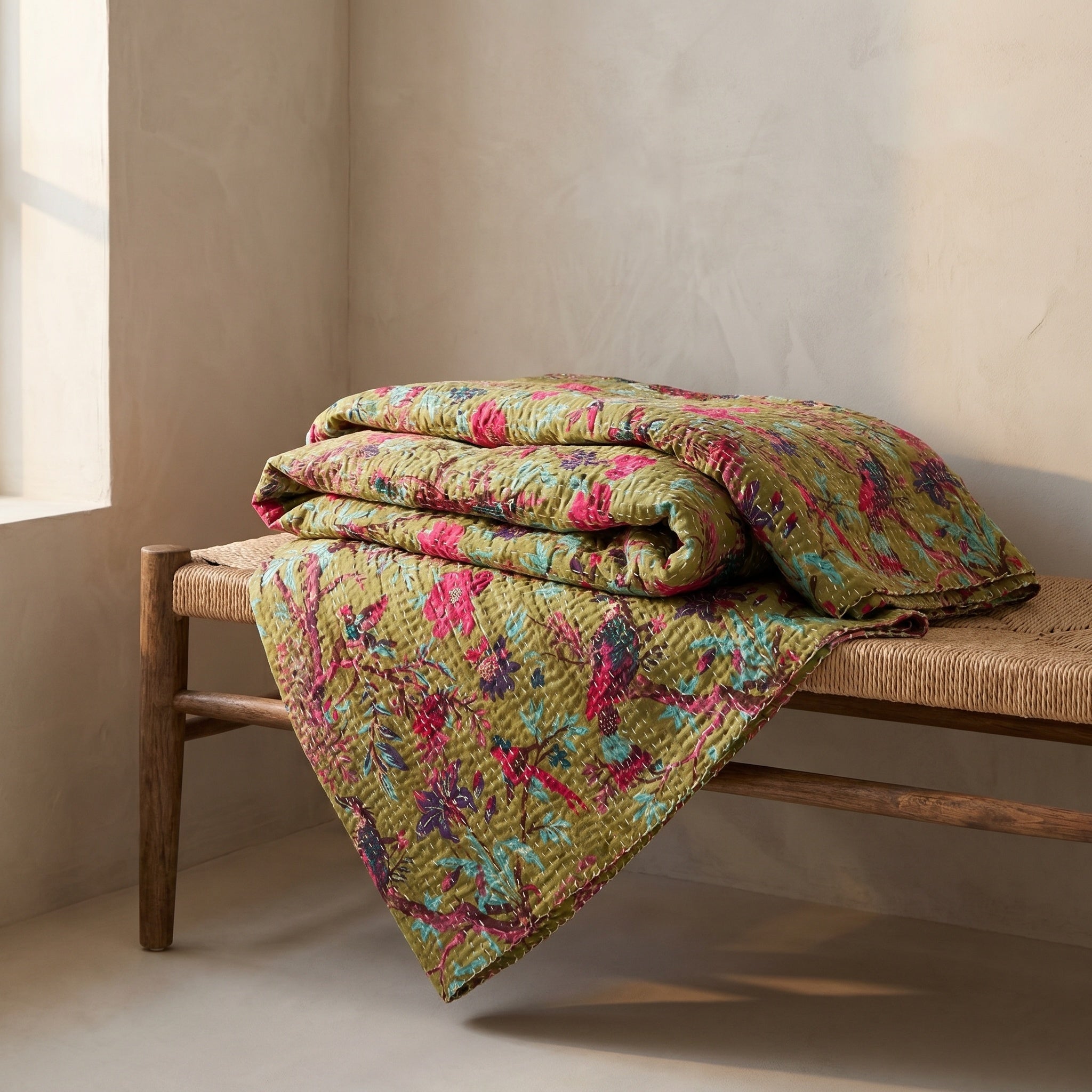 Lush Fern Cotton Reversible Kantha Throw
