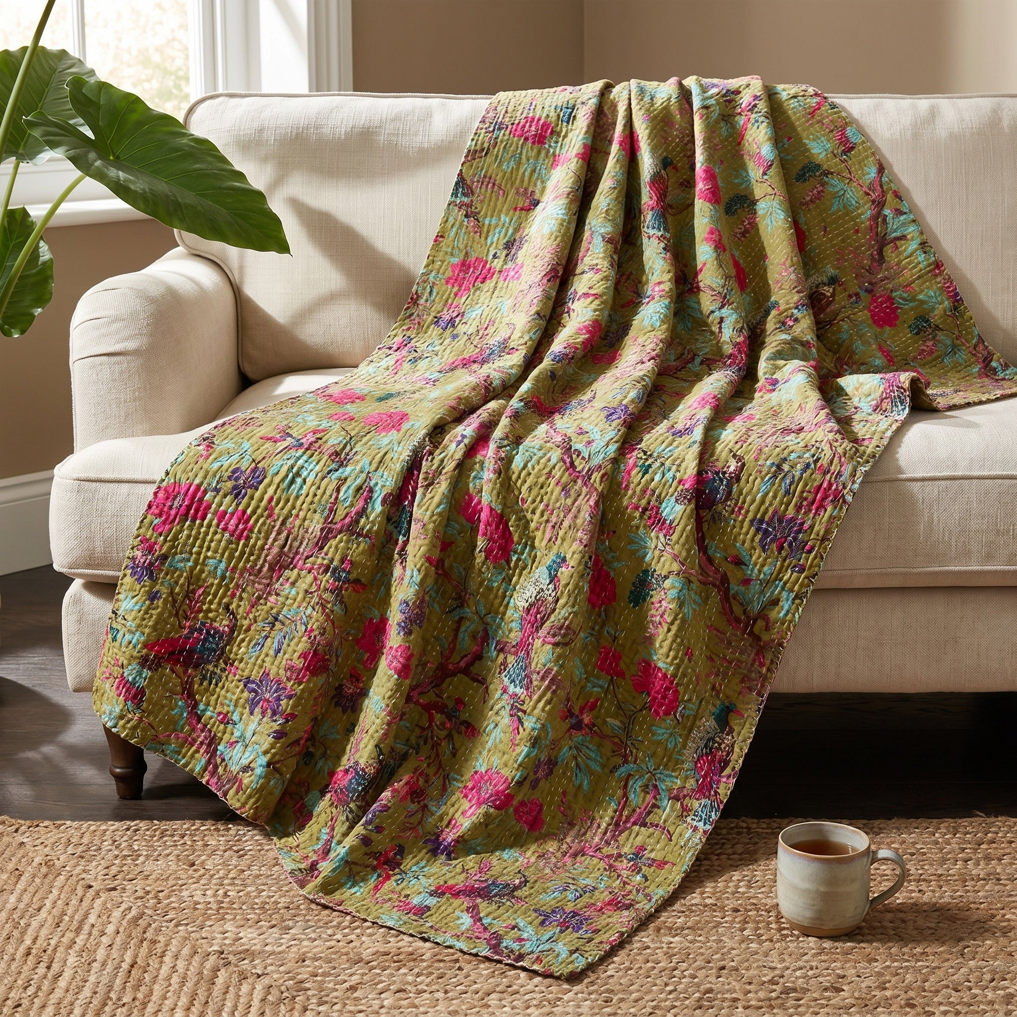 Lush Fern Cotton Reversible Kantha Throw