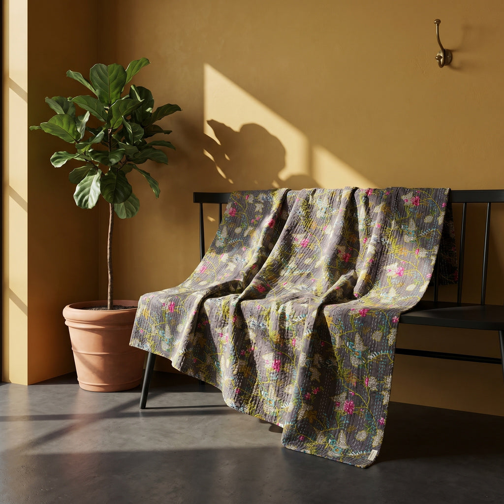 Sun Marigold Cotton Reversible Kantha Throw