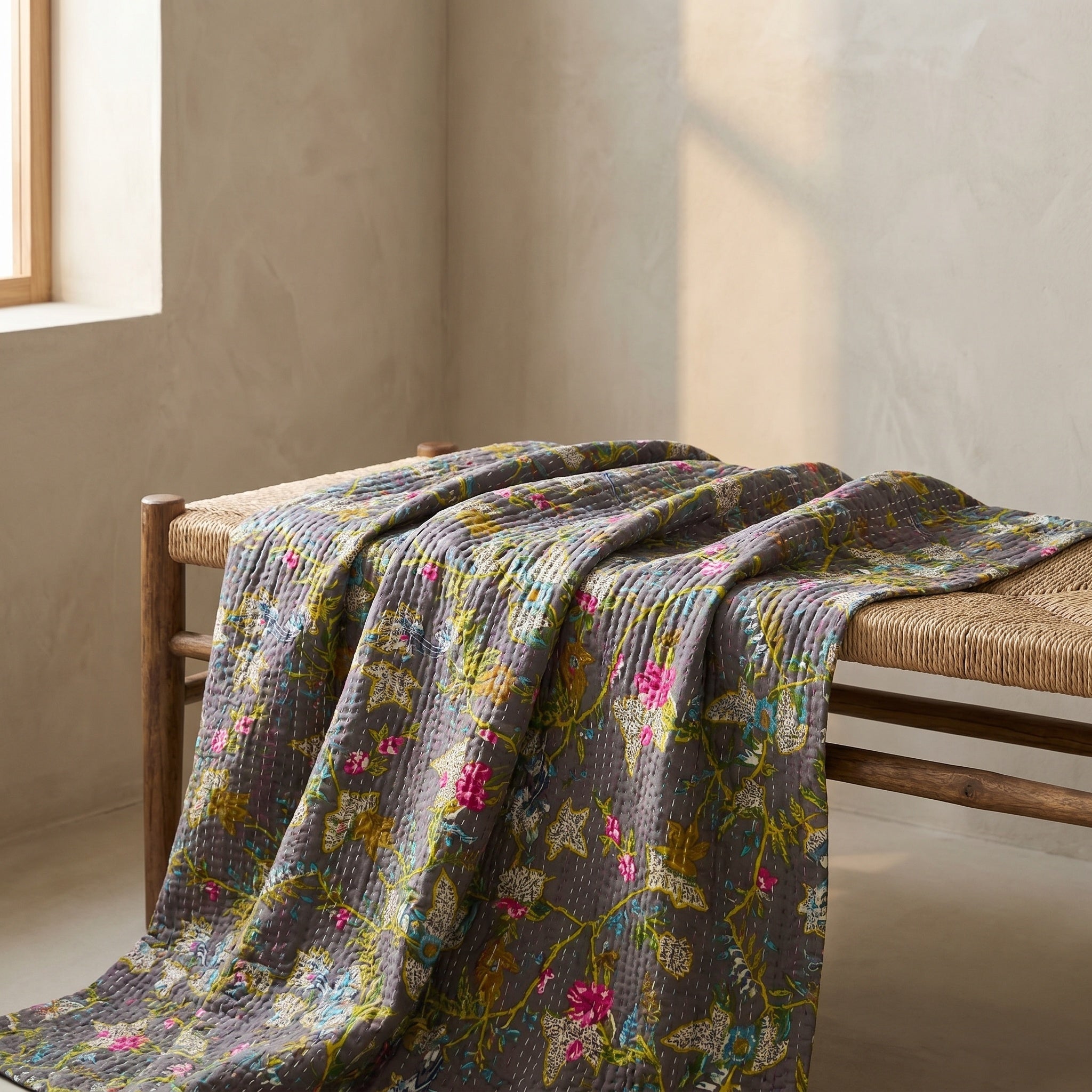 Sun Marigold Cotton Reversible Kantha Throw