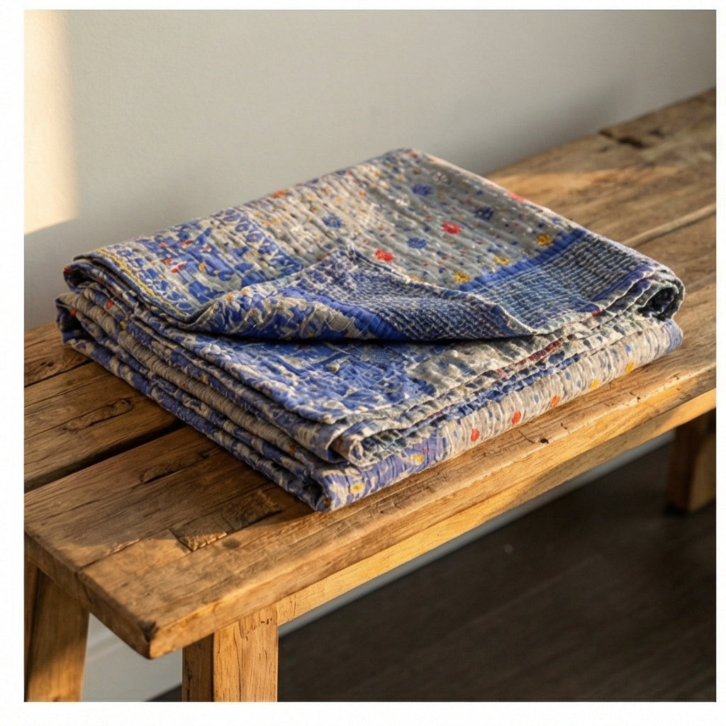 Folded quilt with blue and multicolor pattern on a wooden surface